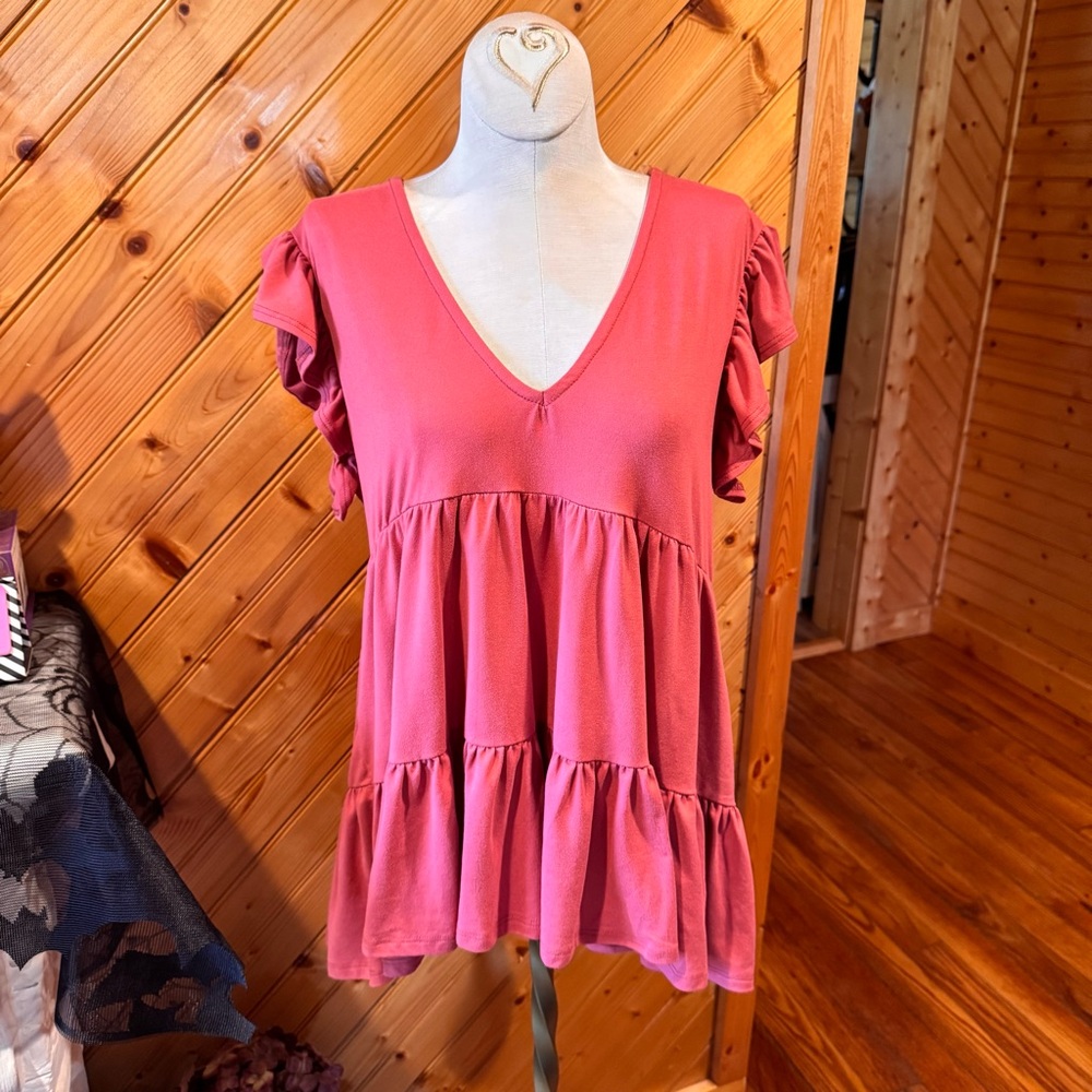 Entro Rustic Coral Ruffle Sleeve V-Neck Blouse